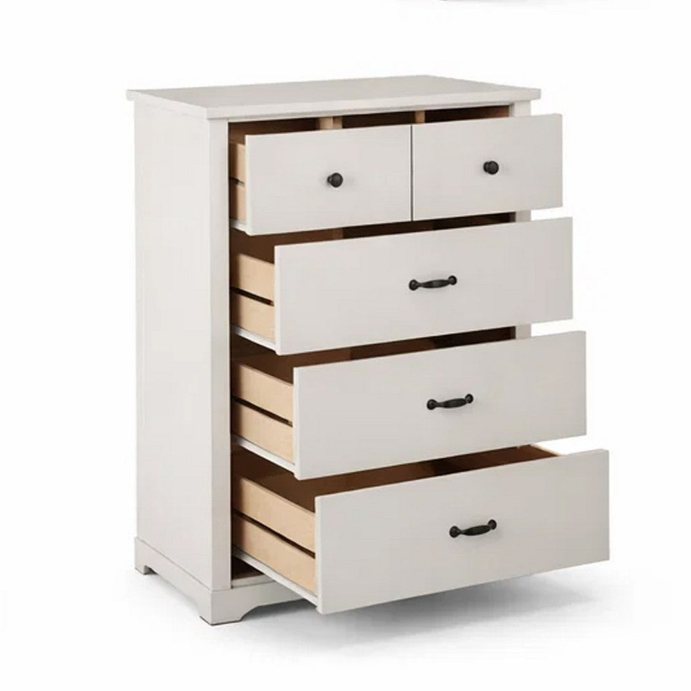 Benjara Lara 4 Drawer Tall Dresser Chest, Black Handles, White Faux Laminate