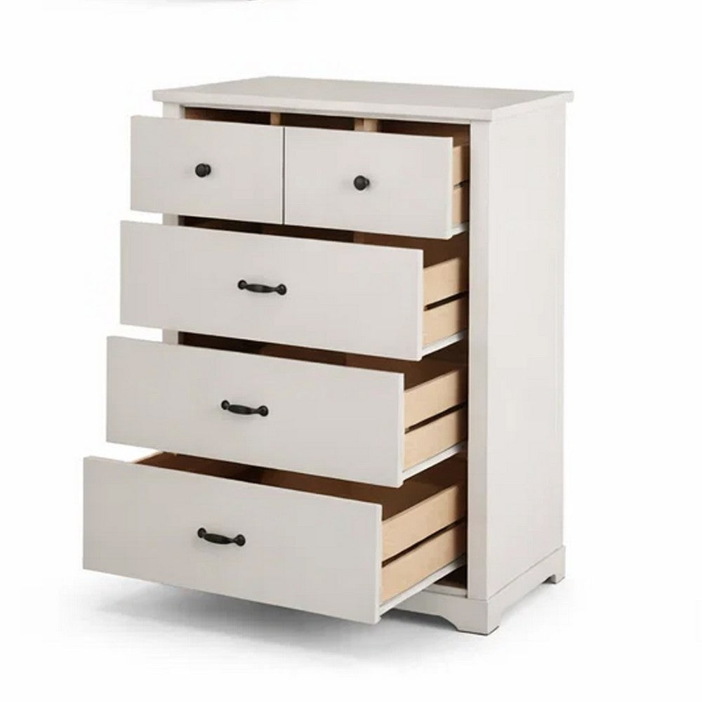 Benjara Lara 4 Drawer Tall Dresser Chest, Black Handles, White Faux Laminate