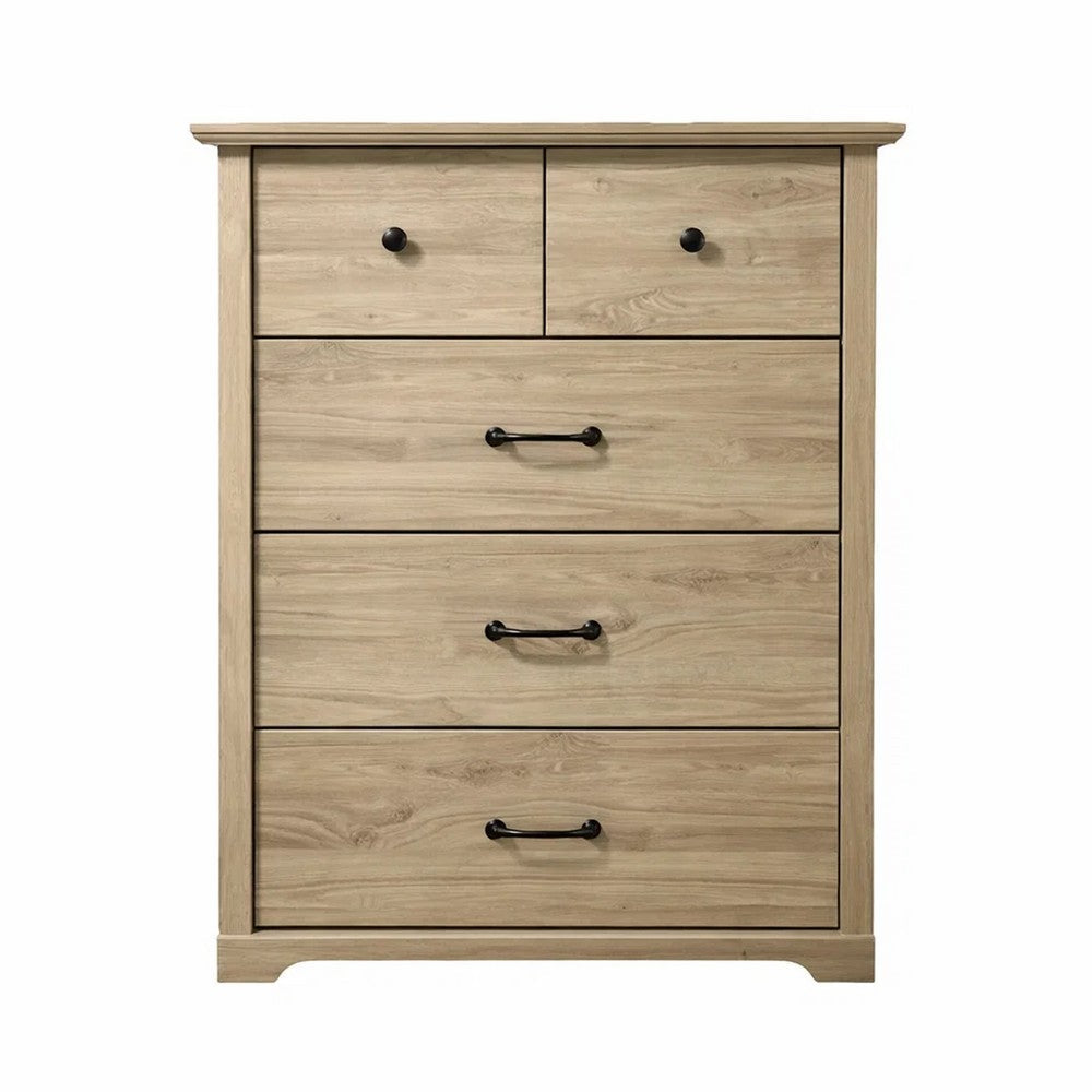 Benjara Lara Tall Dresser Chest, 4 Drawers, Black Handles, Light Oak Brown Wood