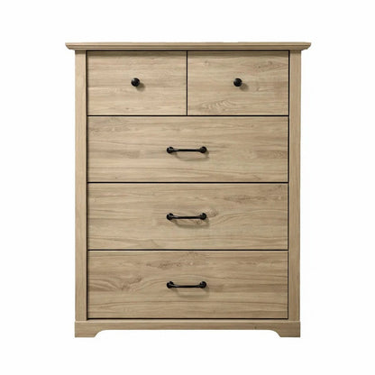 Benjara Lara Tall Dresser Chest, 4 Drawers, Black Handles, Light Oak Brown Wood