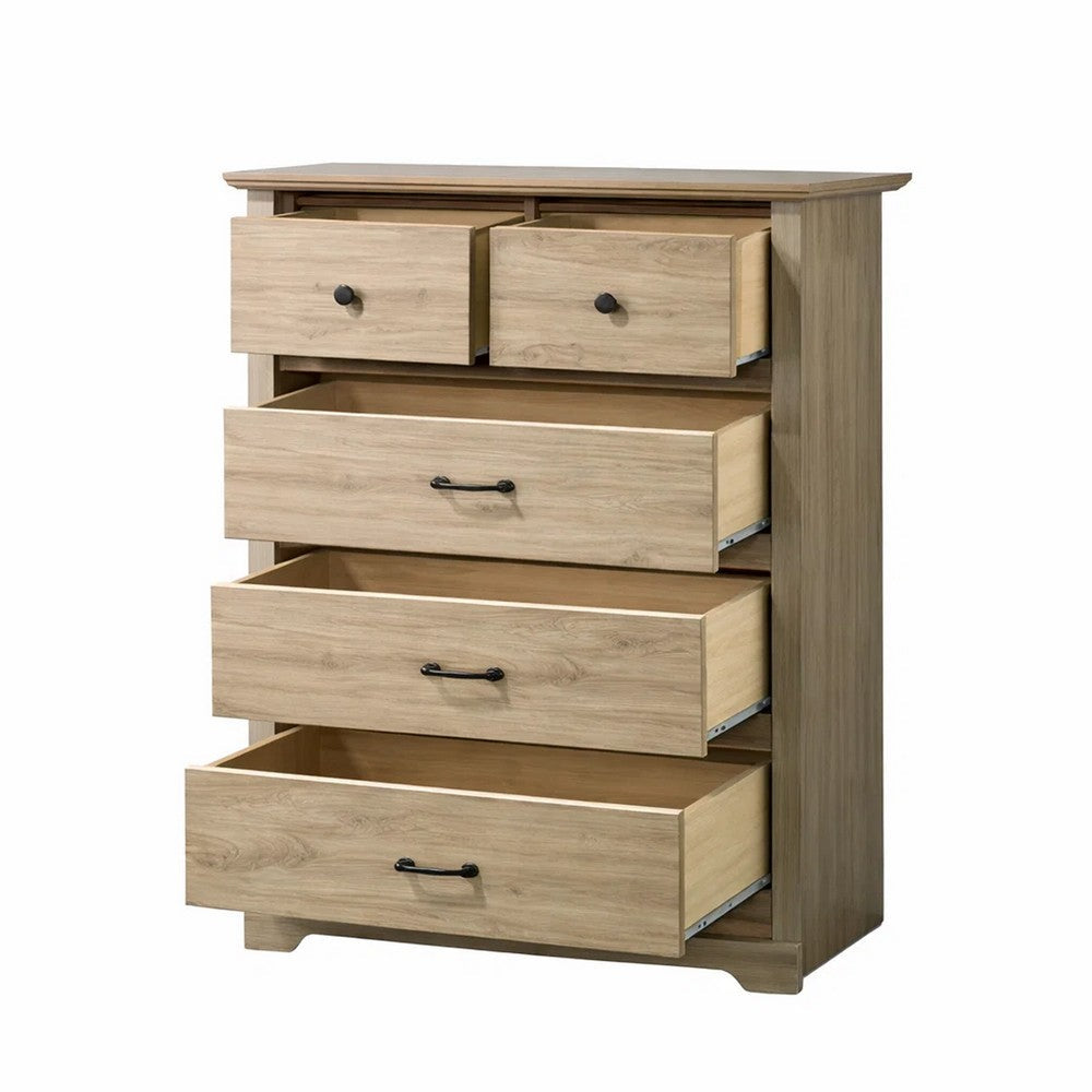 Benjara Lara Tall Dresser Chest, 4 Drawers, Black Handles, Light Oak Brown Wood