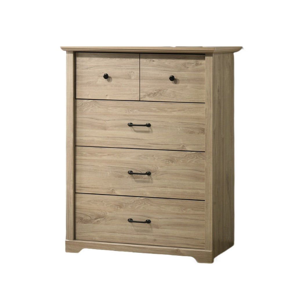 Benjara Lara Tall Dresser Chest, 4 Drawers, Black Handles, Light Oak Brown Wood