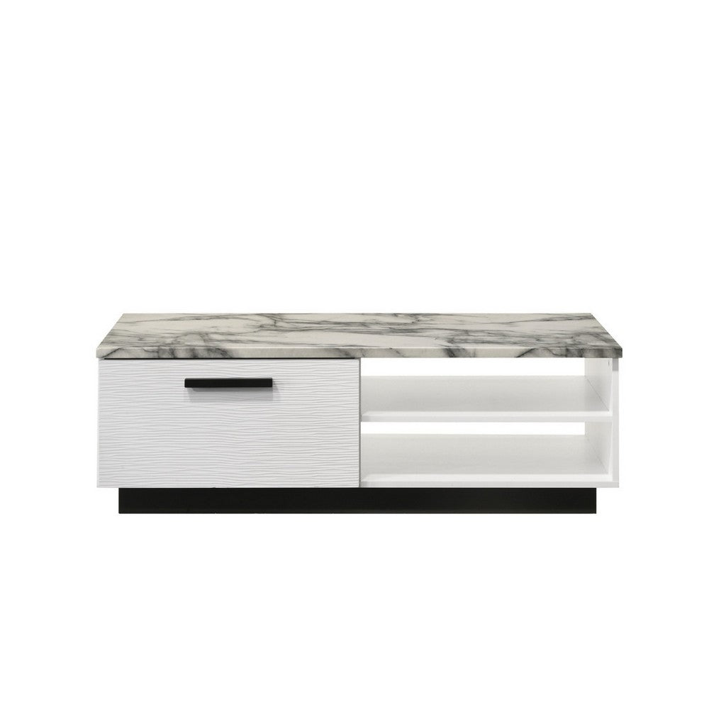 Benjara Sda Coffee Table, 47 Inch Faux Marble Top, Drawer And 2 Shelves, White