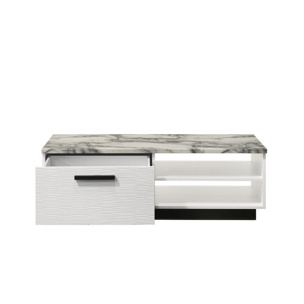 Benjara Sda Coffee Table, 47 Inch Faux Marble Top, Drawer And 2 Shelves, White