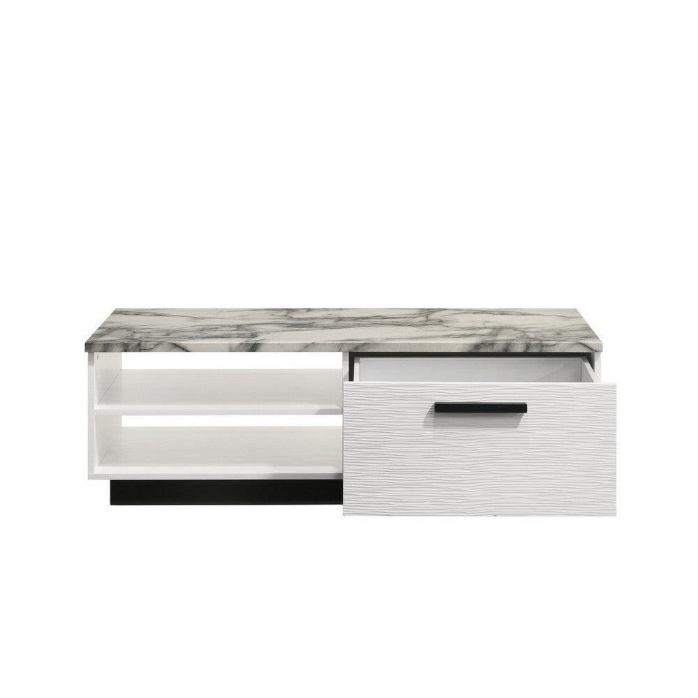 Benjara Sda Coffee Table, 47 Inch Faux Marble Top, Drawer And 2 Shelves, White