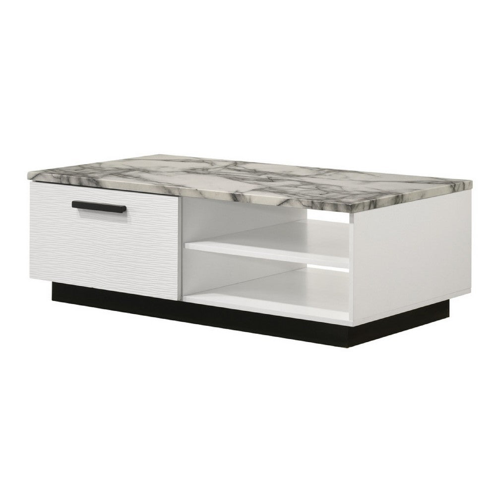Benjara Sda Coffee Table, 47 Inch Faux Marble Top, Drawer And 2 Shelves, White