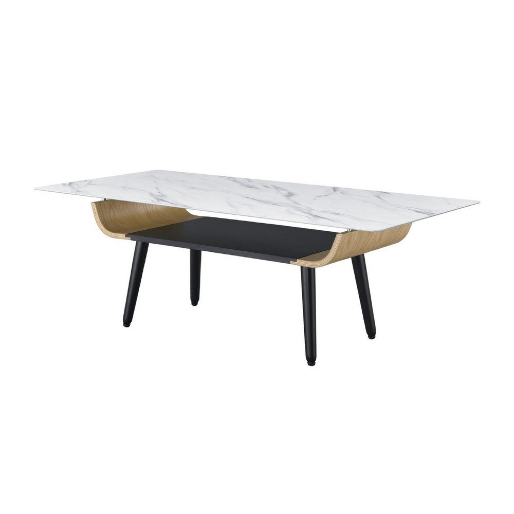 Benjara Nue Coffee Table, 47 Inch 3D Printed Glass Marble, Curved Shelf, White