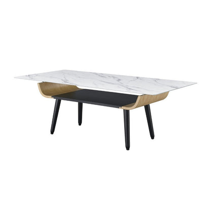 Benjara Nue Coffee Table, 47 Inch 3D Printed Glass Marble, Curved Shelf, White