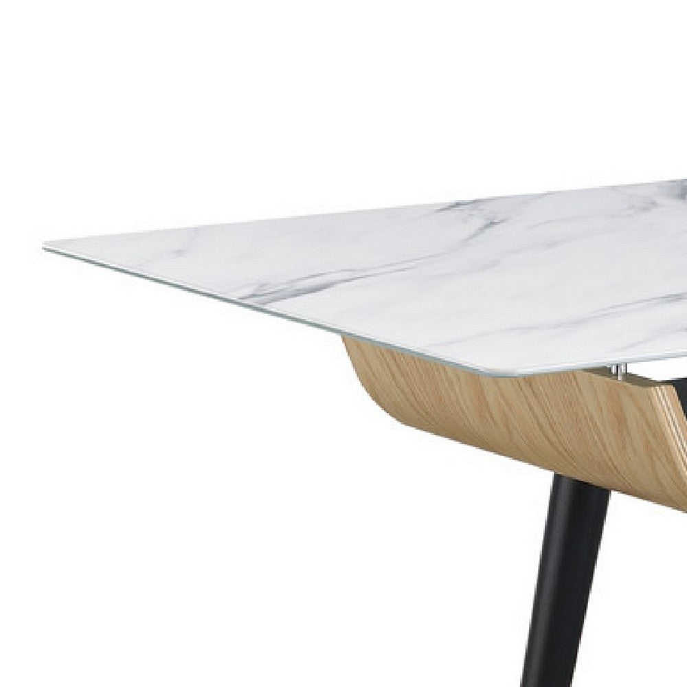 Benjara Nue Coffee Table, 47 Inch 3D Printed Glass Marble, Curved Shelf, White