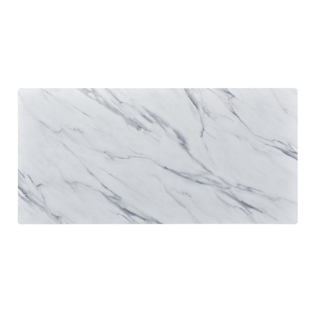 Benjara Nue Coffee Table, 47 Inch 3D Printed Glass Marble, Curved Shelf, White