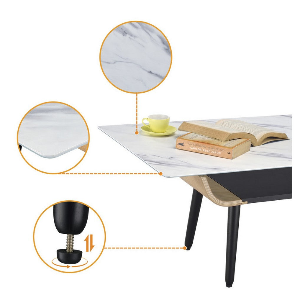 Benjara Nue Coffee Table, 47 Inch 3D Printed Glass Marble, Curved Shelf, White