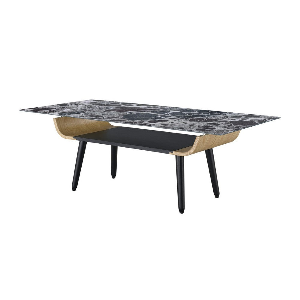 Benjara Nue Coffee Table, 47 Inch 3D Printed Glass Marble, Curved Shelf, Black