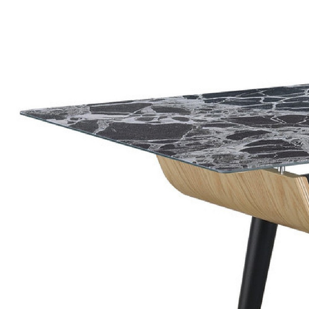 Benjara Nue Coffee Table, 47 Inch 3D Printed Glass Marble, Curved Shelf, Black