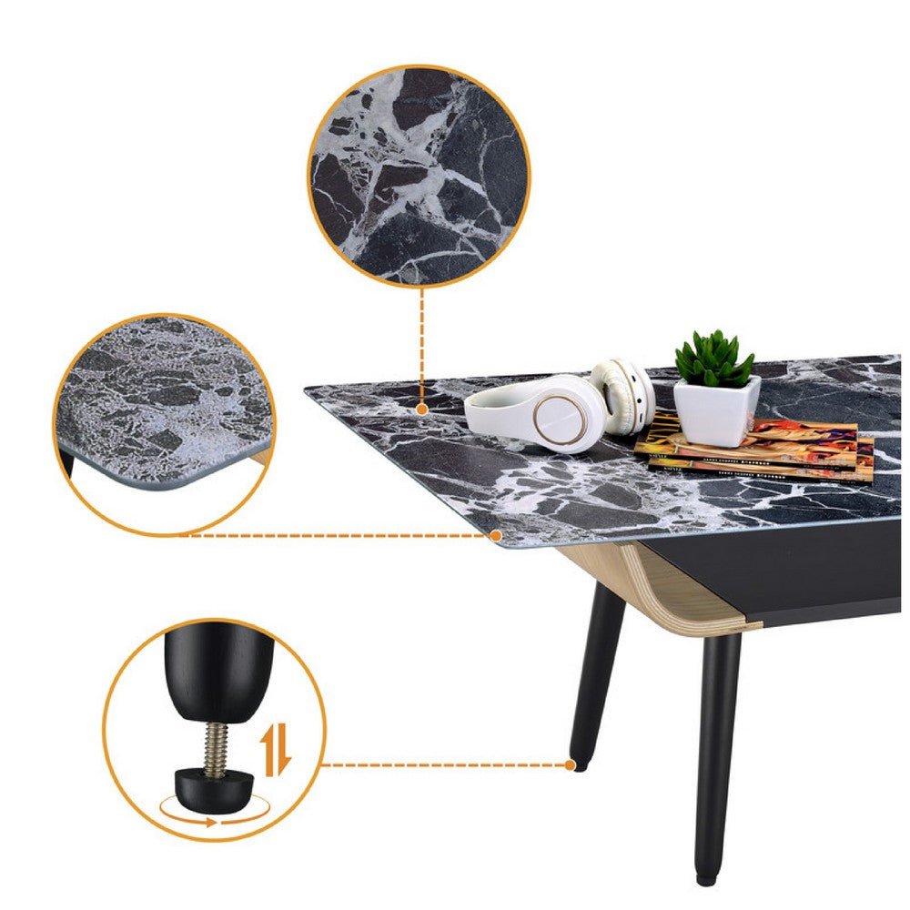 Benjara Nue Coffee Table, 47 Inch 3D Printed Glass Marble, Curved Shelf, Black