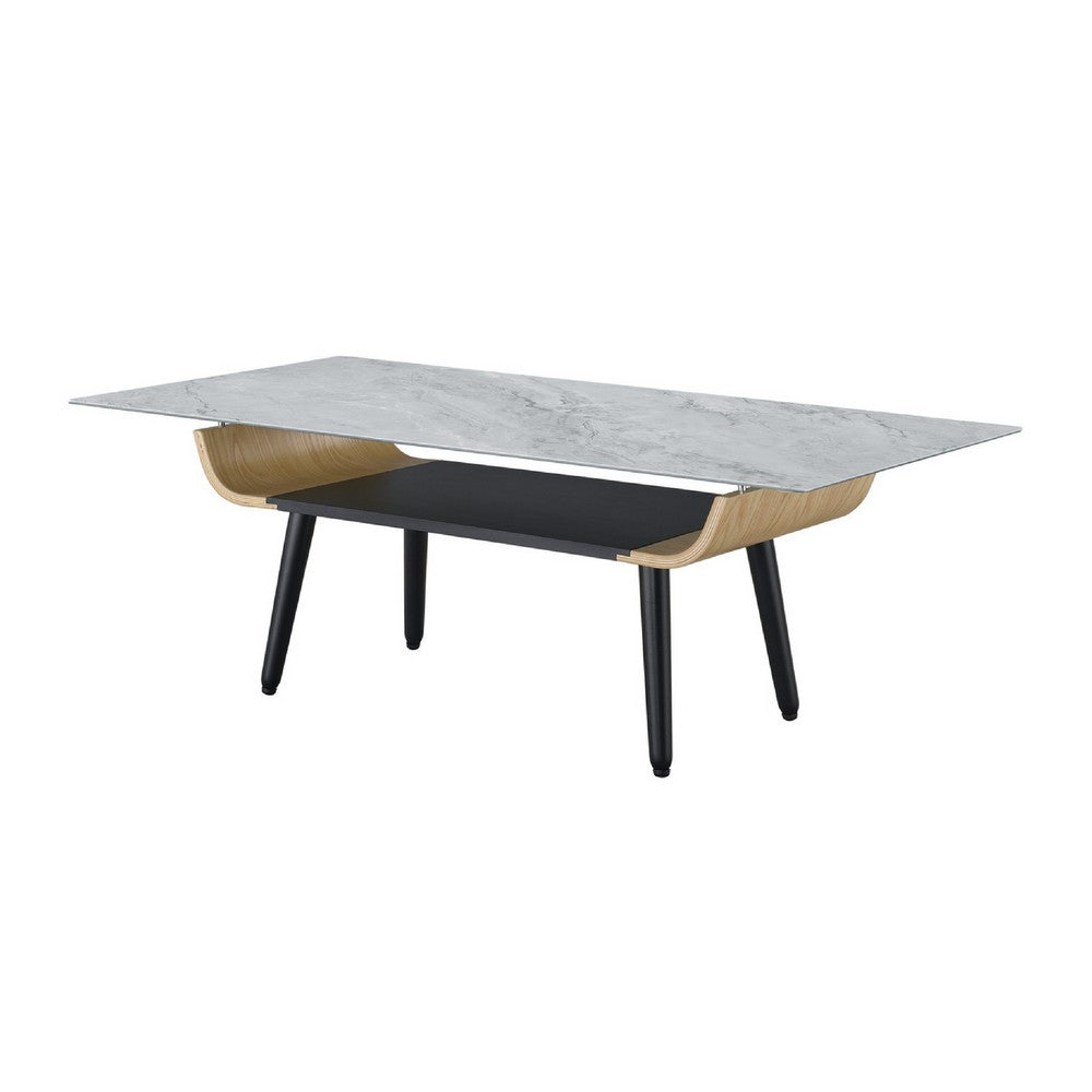 Benjara Nue Coffee Table, 47 Inch 3D Printed Glass Marble, Curved Shelf, Gray