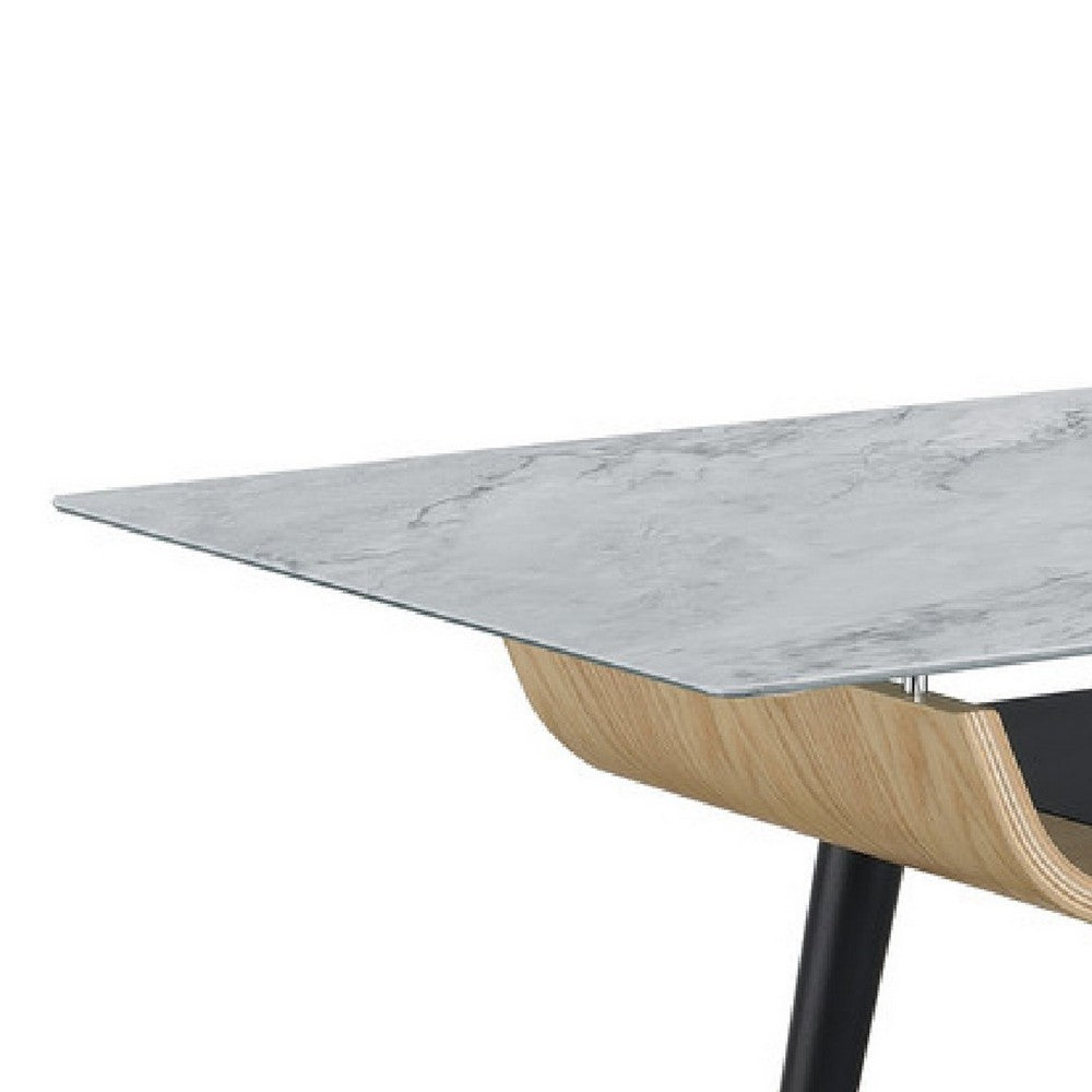 Benjara Nue Coffee Table, 47 Inch 3D Printed Glass Marble, Curved Shelf, Gray