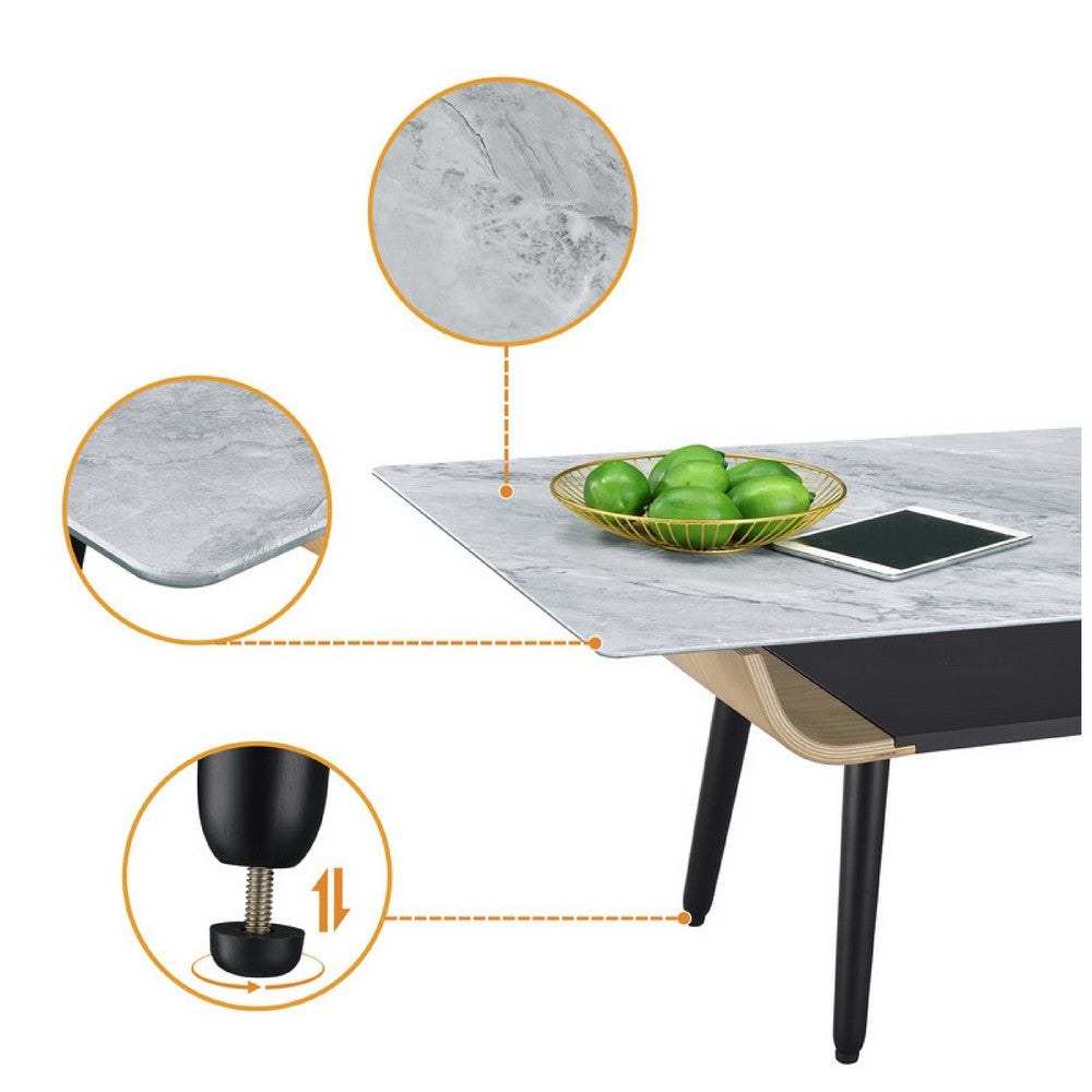 Benjara Nue Coffee Table, 47 Inch 3D Printed Glass Marble, Curved Shelf, Gray