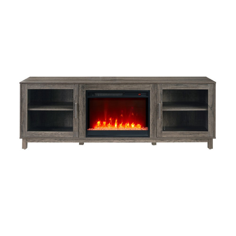 Benjara Sumi TV Stand Cabinet, Electric Fireplace Heater, Glass Doors, 70 Inch Gray