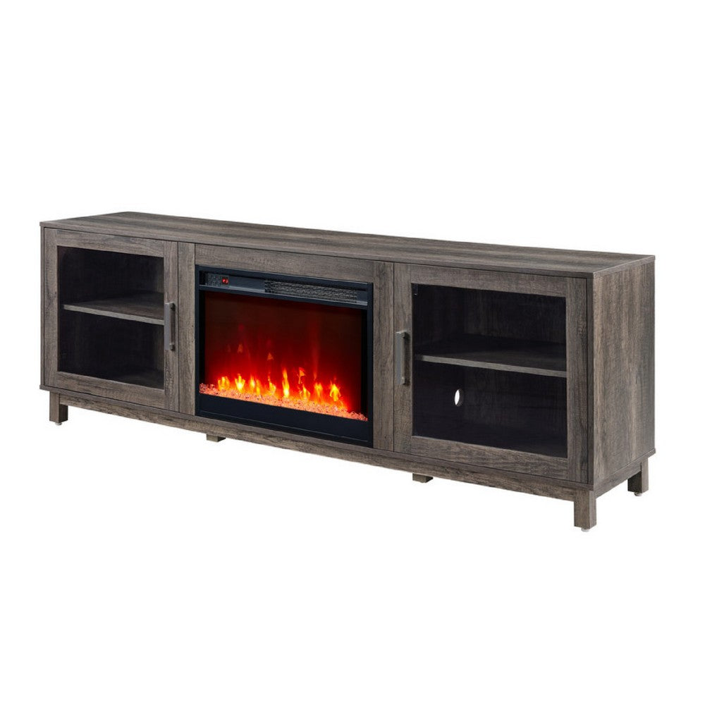 Benjara Sumi TV Stand Cabinet, Electric Fireplace Heater, Glass Doors, 70 Inch Gray