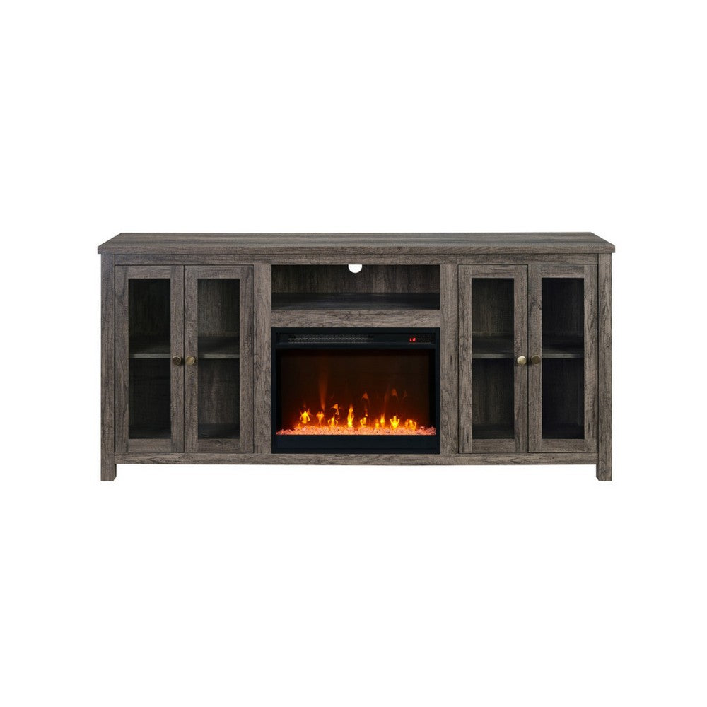 Benjara Tony Electric Fireplace TV Stand, Heater, Glass Doors, 70 Inch Walnut Gray