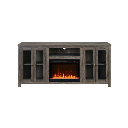 Benjara Tony Electric Fireplace TV Stand, Heater, Glass Doors, 70 Inch Walnut Gray