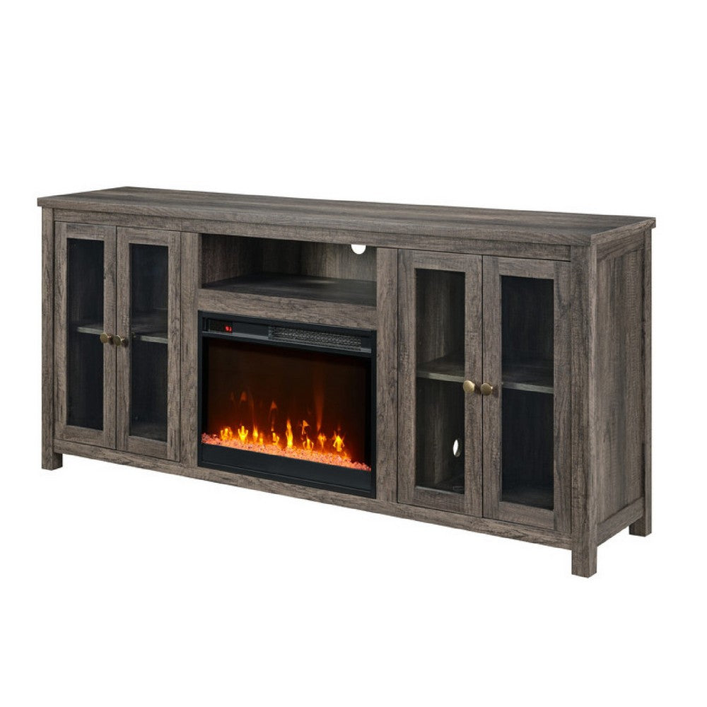 Benjara Tony Electric Fireplace TV Stand, Heater, Glass Doors, 70 Inch Walnut Gray