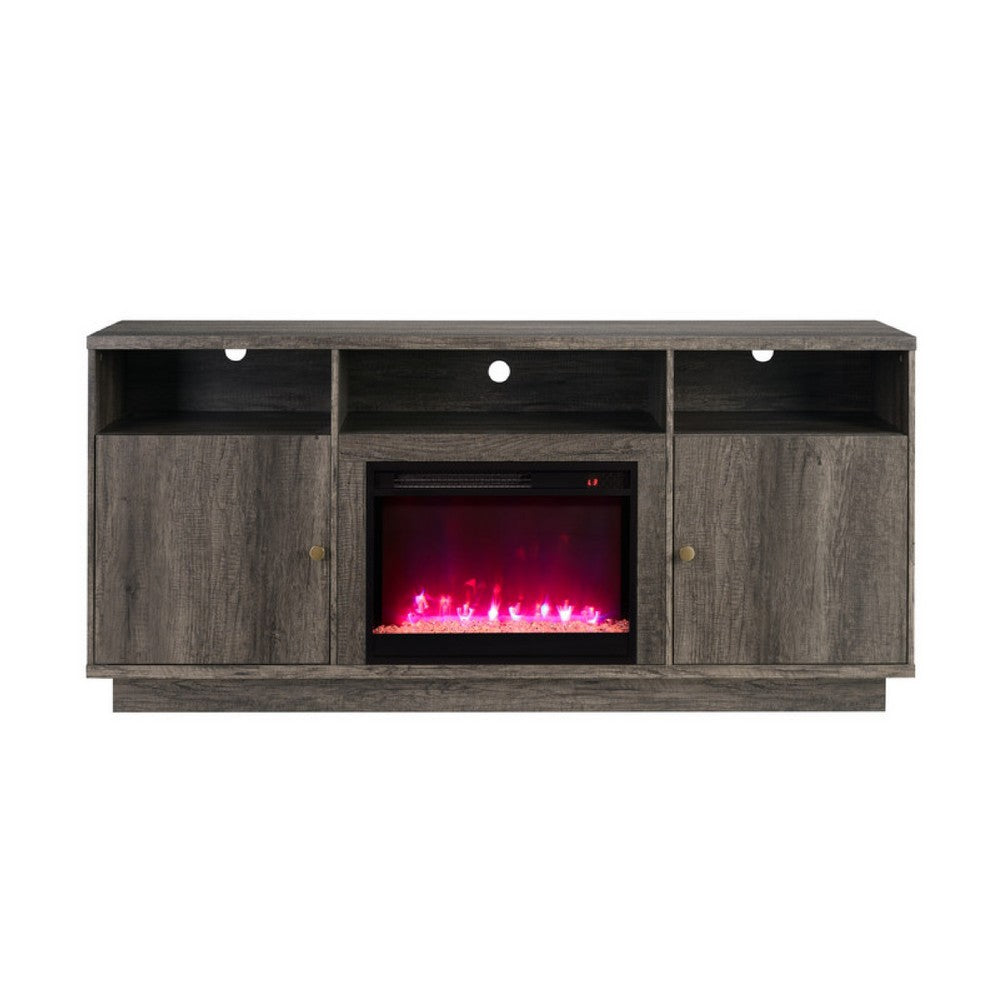 Benjara Ambi Electric Fireplace TV Stand Cabinet, Heater, 2 Door, 70 Inch Wood Gray