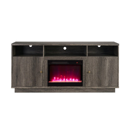 Benjara Ambi Electric Fireplace TV Stand Cabinet, Heater, 2 Door, 70 Inch Wood Gray