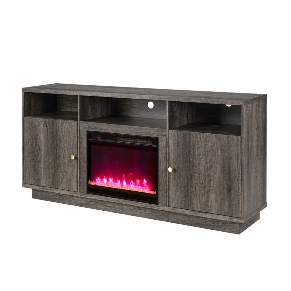 Benjara Ambi Electric Fireplace TV Stand Cabinet, Heater, 2 Door, 70 Inch Wood Gray
