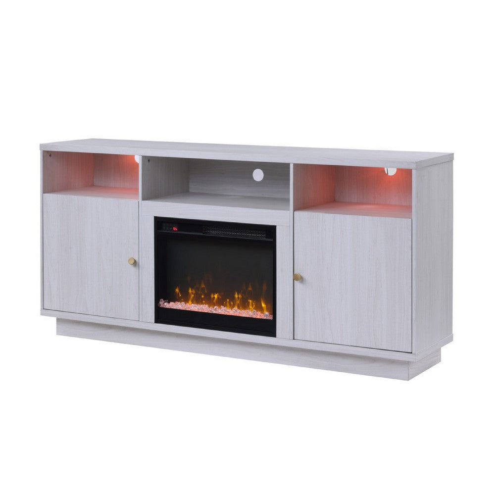 Benjara Ambi TV Stand Cabinet with Electric Heating Fireplace, 70 Inch Walnut White