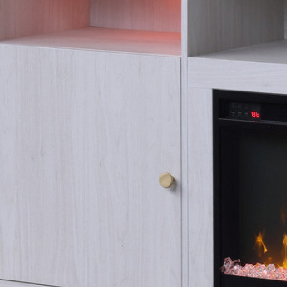 Benjara Ambi TV Stand Cabinet with Electric Heating Fireplace, 70 Inch Walnut White