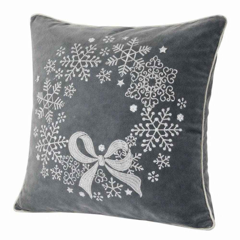 Benjara Rola Square Throw Pillow, Snowflake Wreath Embroidery, Gray Velvet 20 Inch
