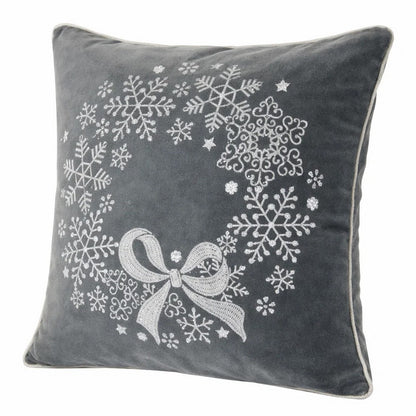 Benjara Rola Square Throw Pillow, Snowflake Wreath Embroidery, Gray Velvet 20 Inch