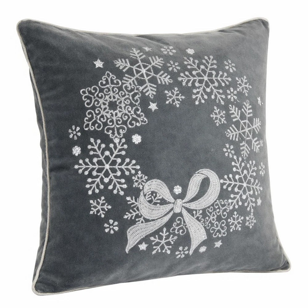 Benjara Rola Square Throw Pillow, Snowflake Wreath Embroidery, Gray Velvet 20 Inch