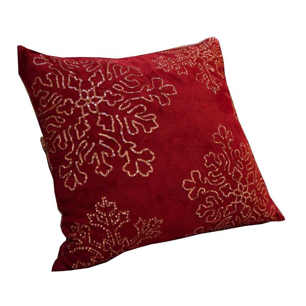 Benjara Rola Square Throw Pillow, Gold Snowflake Embroidery, Red Velvet 20 Inch