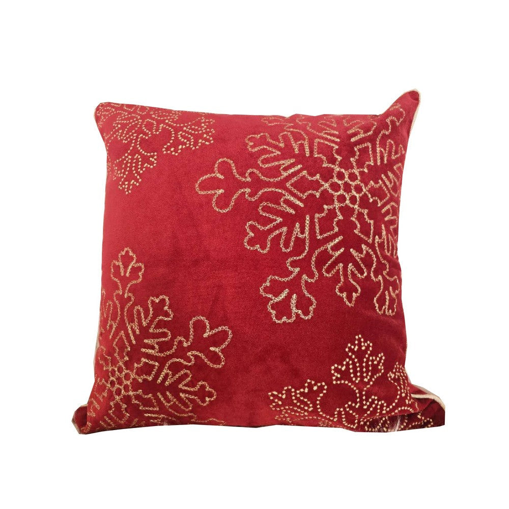 Benjara Rola Square Throw Pillow, Gold Snowflake Embroidery, Red Velvet 20 Inch