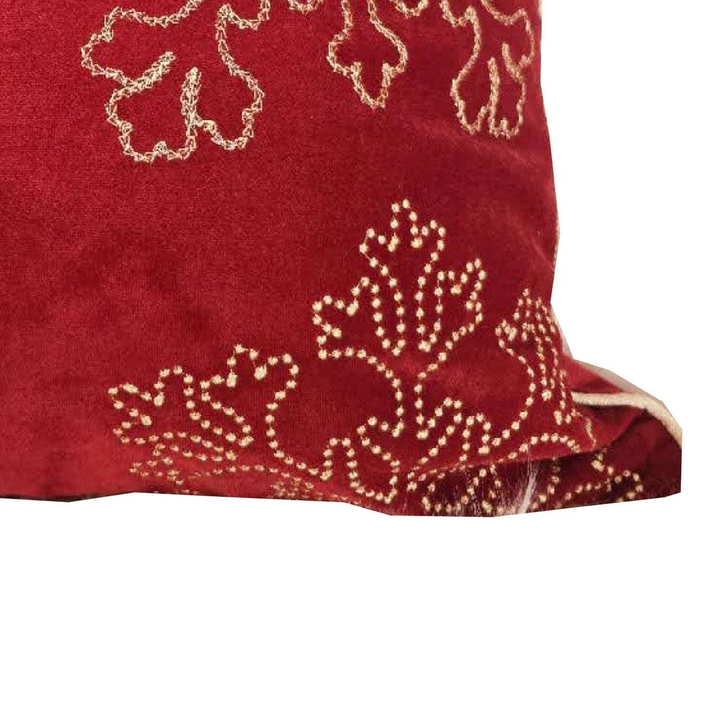 Benjara Rola Square Throw Pillow, Gold Snowflake Embroidery, Red Velvet 20 Inch