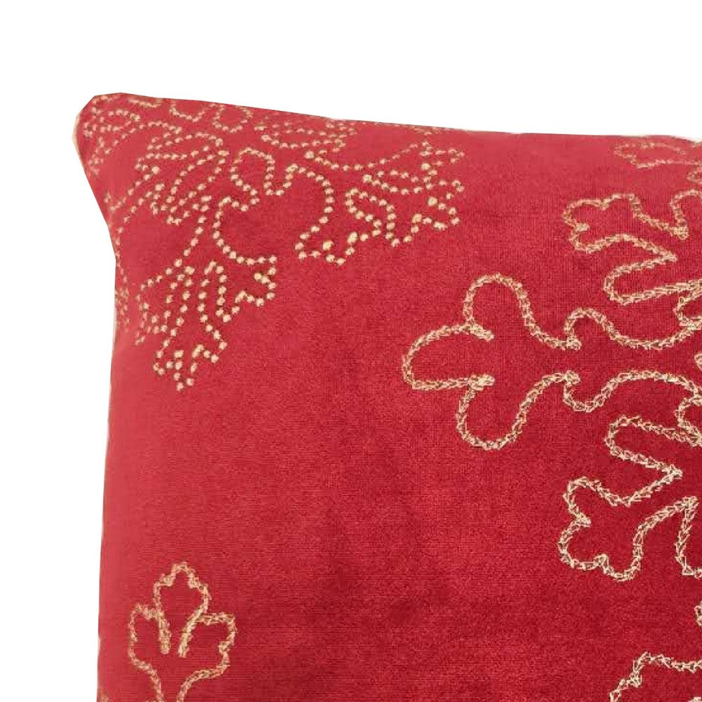 Benjara Rola Square Throw Pillow, Gold Snowflake Embroidery, Red Velvet 20 Inch