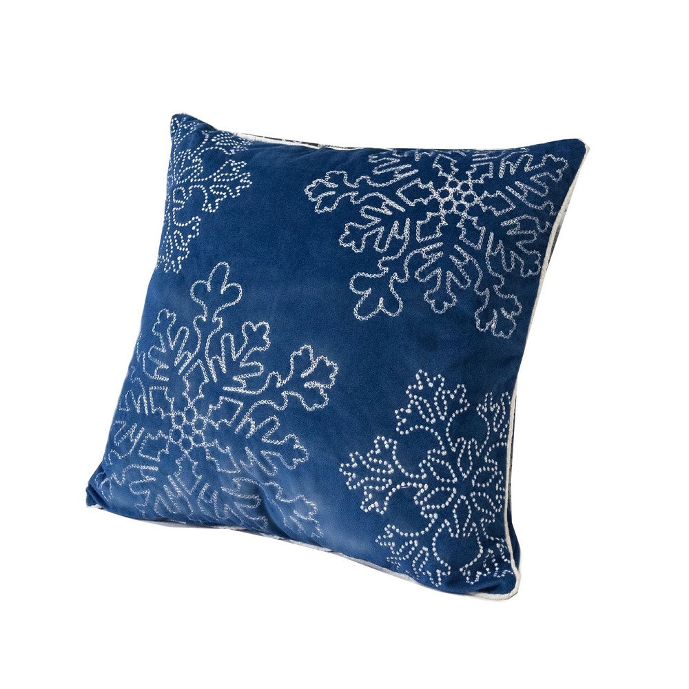 Benjara Rola Square Throw Pillow, Silver Snowflake Embroidery, Blue Velvet 20 Inch