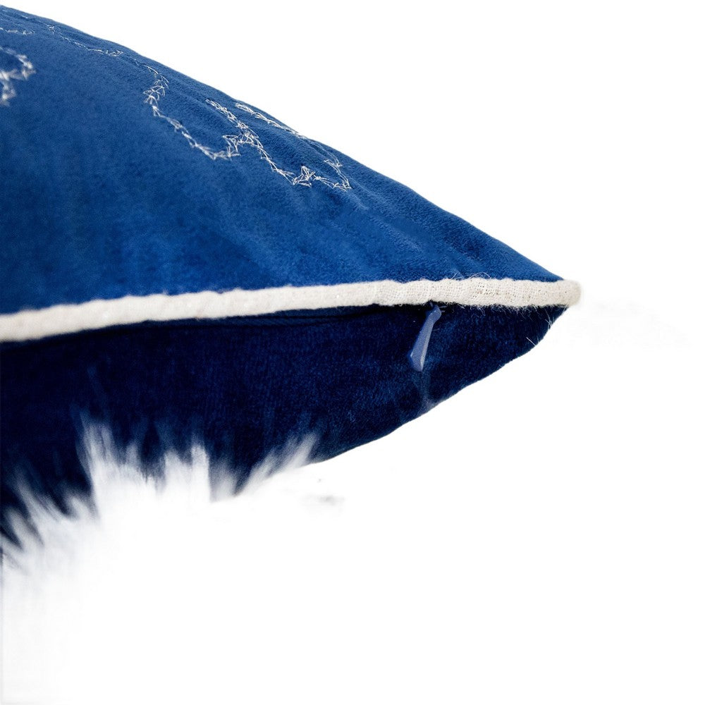 Benjara Rola Square Throw Pillow, Silver Snowflake Embroidery, Blue Velvet 20 Inch
