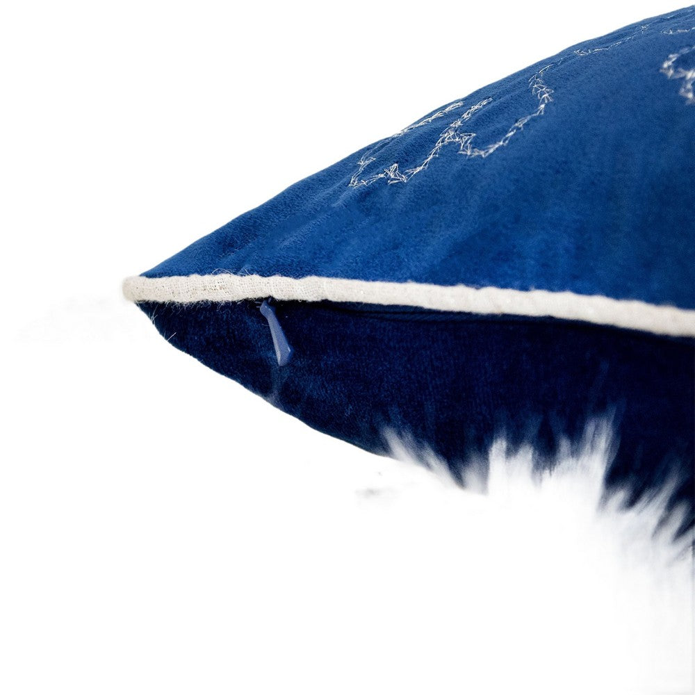 Benjara Rola Square Throw Pillow, Silver Snowflake Embroidery, Blue Velvet 20 Inch