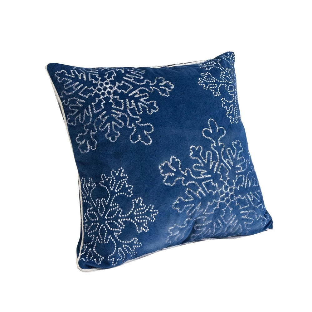 Benjara Rola Square Throw Pillow, Silver Snowflake Embroidery, Blue Velvet 20 Inch
