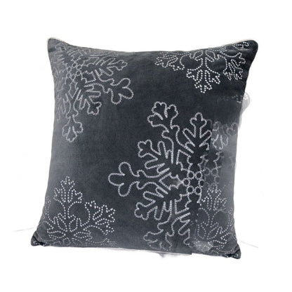 Benjara Rola Square Throw Pillow, Silver Snowflake Embroidery, Gray Velvet 20 Inch