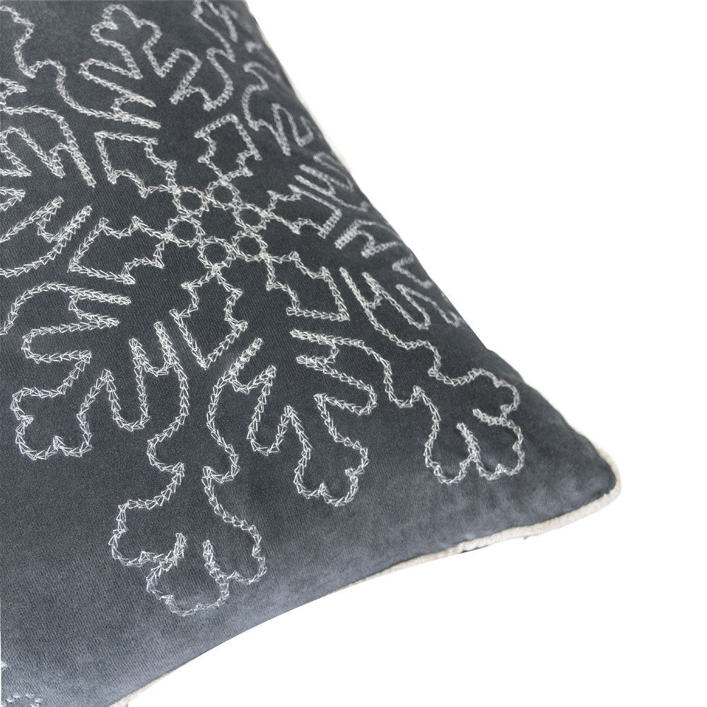 Benjara Rola Square Throw Pillow, Silver Snowflake Embroidery, Gray Velvet 20 Inch