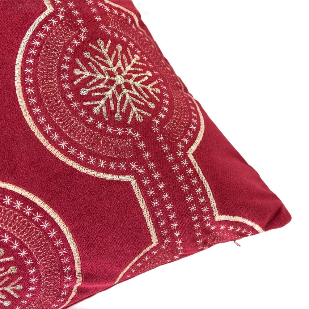 Benjara Rola Square Throw Pillow, Geometric Snowflake Embroidery, Red Velvet 20 Inch
