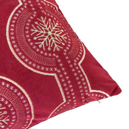 Benjara Rola Square Throw Pillow, Geometric Snowflake Embroidery, Red Velvet 20 Inch