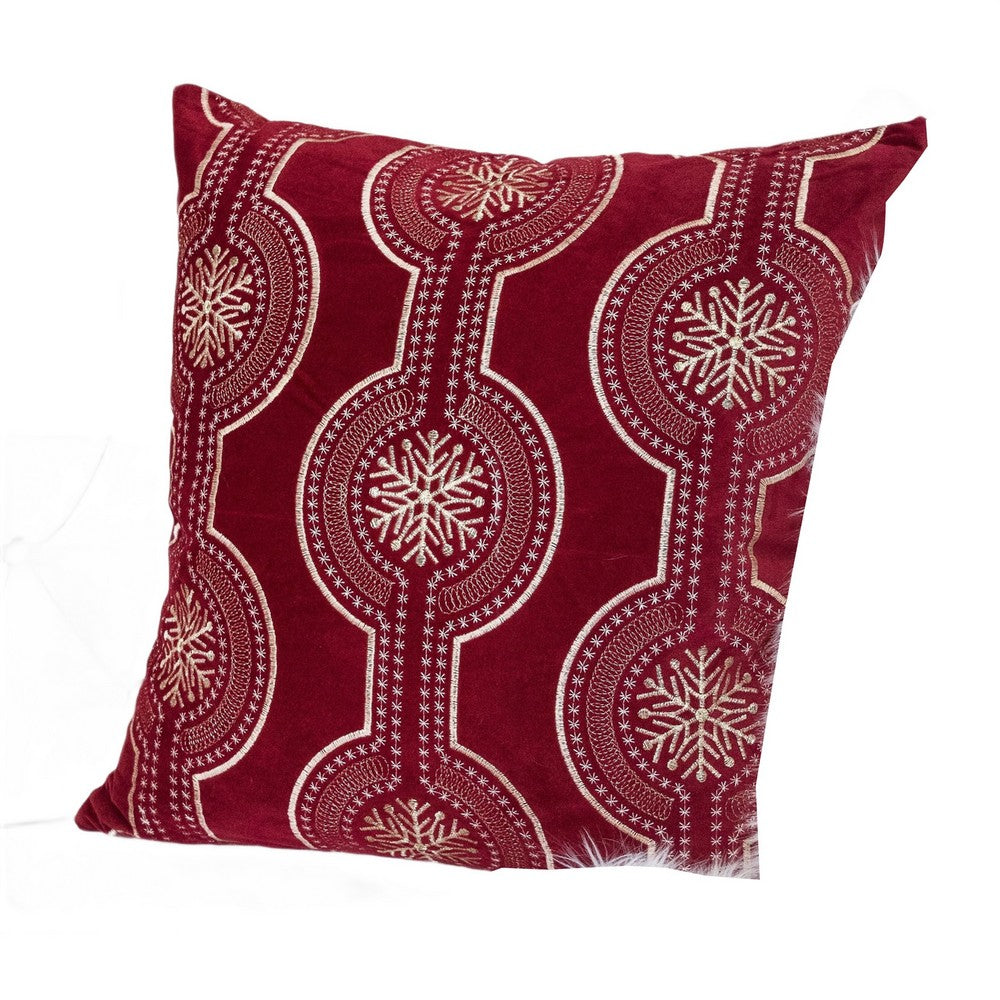 Benjara Rola Square Throw Pillow, Geometric Snowflake Embroidery, Red Velvet 20 Inch