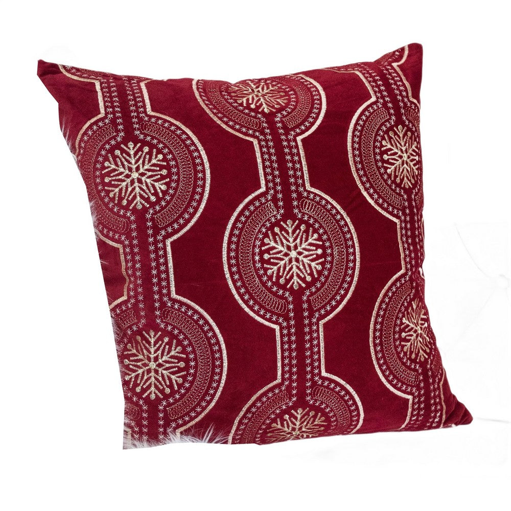 Benjara Rola Square Throw Pillow, Geometric Snowflake Embroidery, Red Velvet 20 Inch