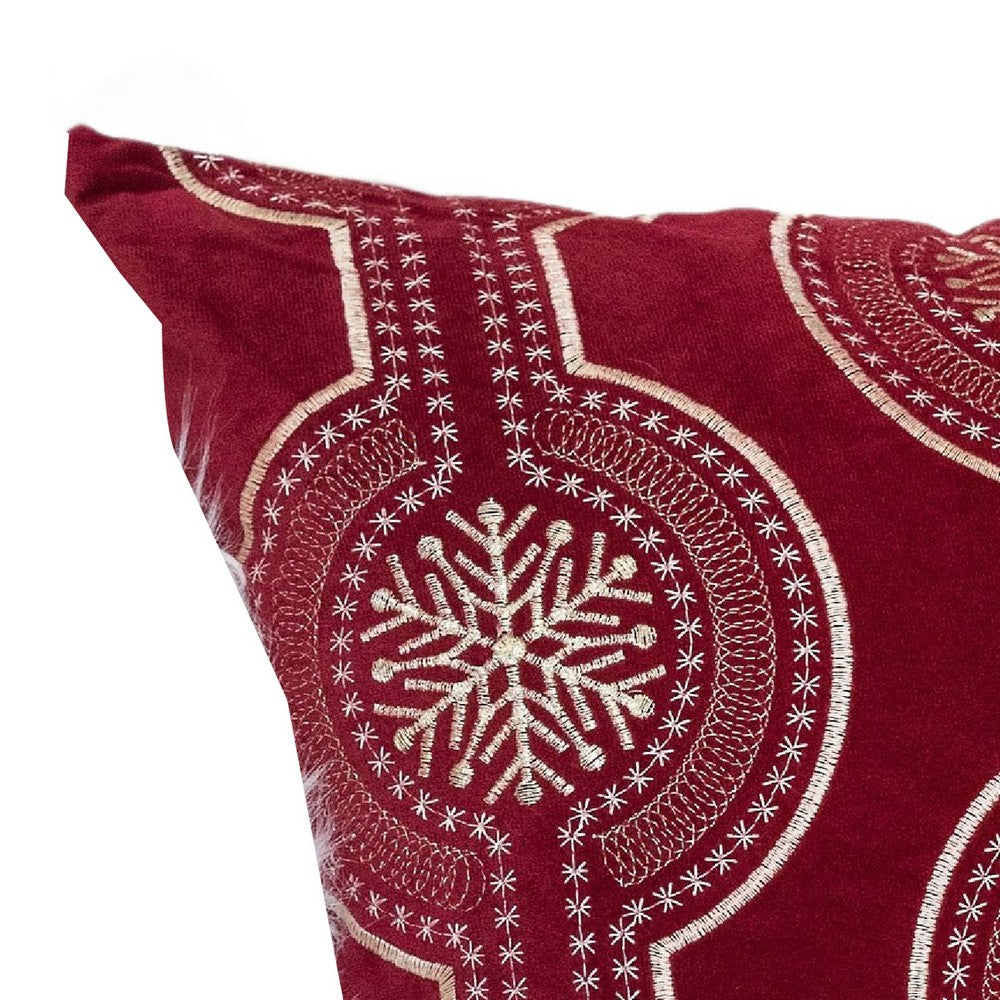 Benjara Rola Square Throw Pillow, Geometric Snowflake Embroidery, Red Velvet 20 Inch