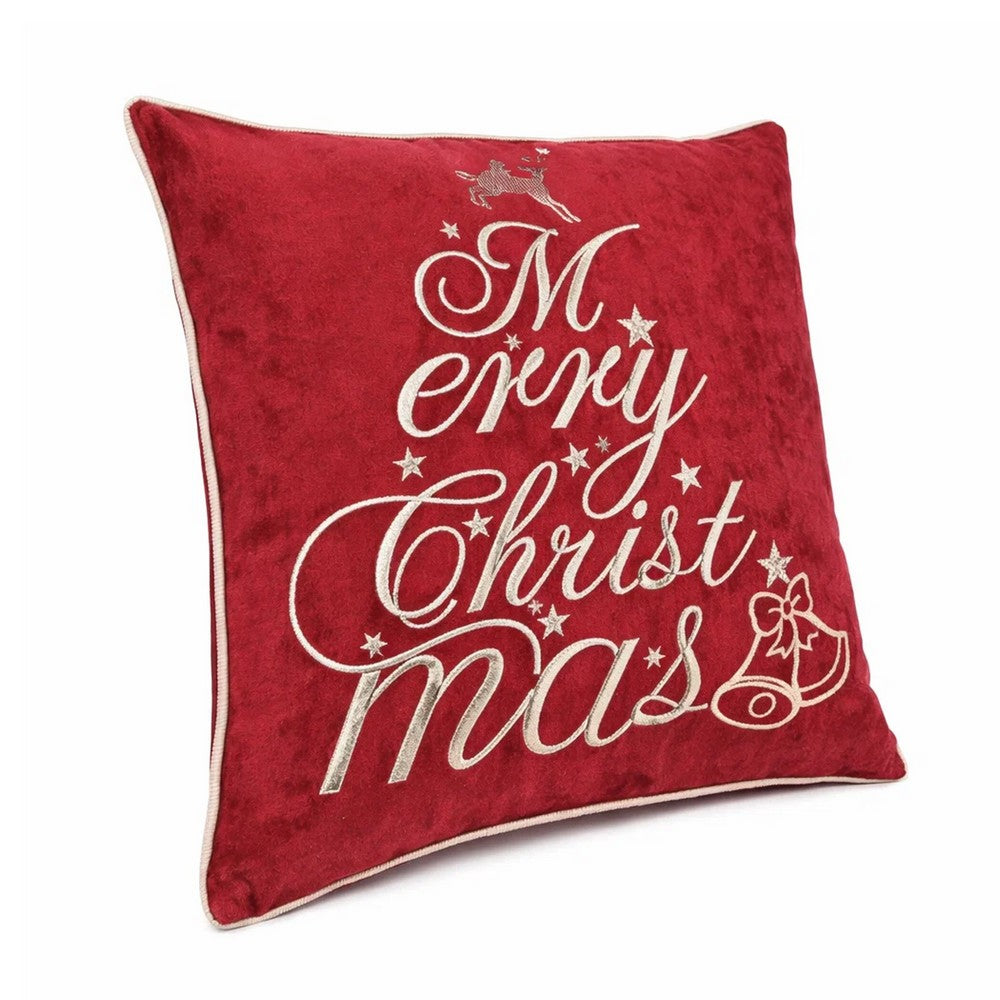 Benjara Aure Square Throw Pillow, Merry Christmas Embroidery, Red Velvet 20 Inch